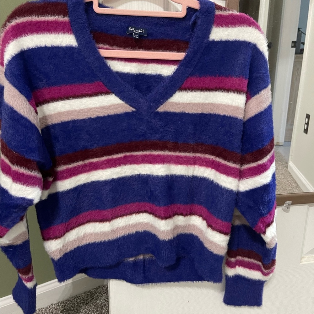 Soft Fuzzy Striped V neck Sweater  Cozy Knit top
